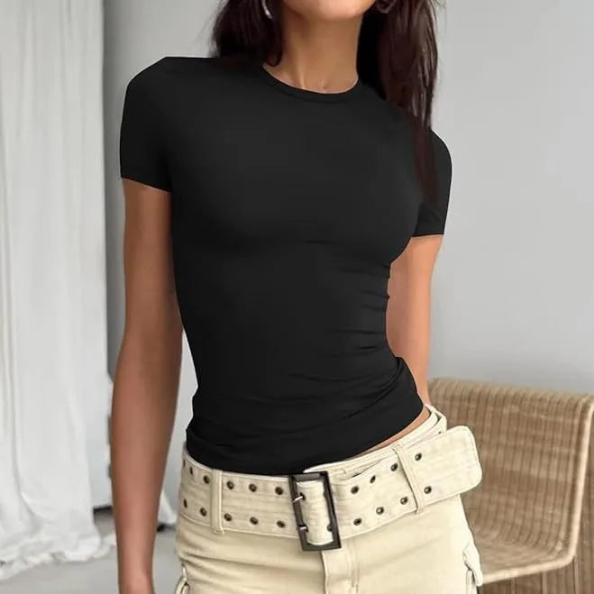 Women Short Sleeve T-shirts Causal O Neck Solid Slim Fit Tee Summer Sexy Basic Crop Top