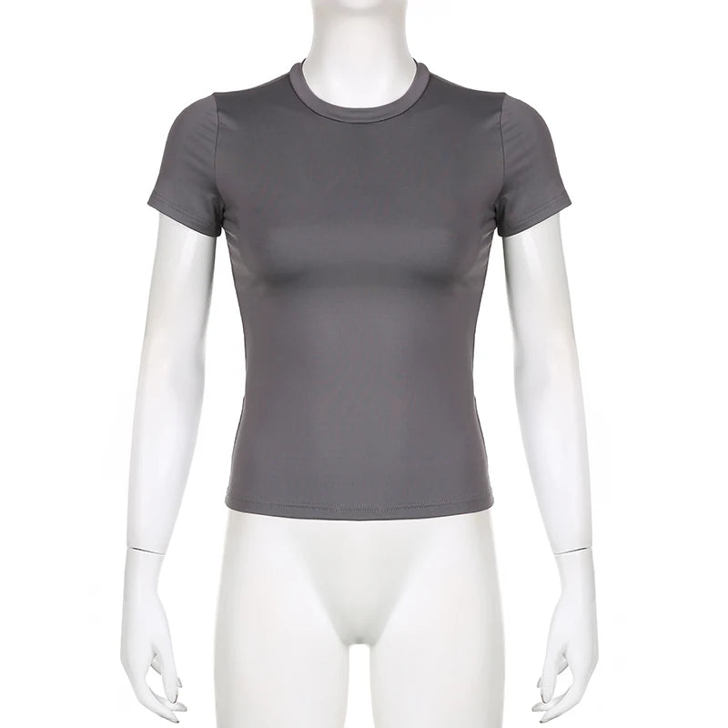 Women Short Sleeve T-shirts Causal O Neck Solid Slim Fit Tee Summer Sexy Basic Crop Top