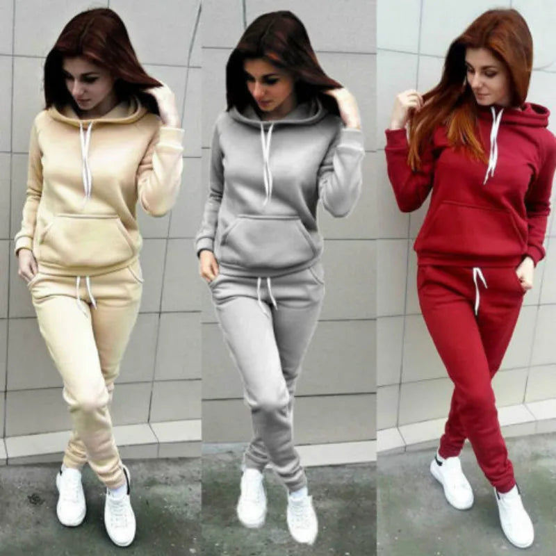 Solid Women Tracksuit Casual Hoodies Sweatshirt Pant Set Autumn/Winter Clothes