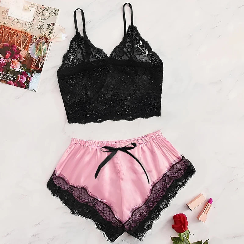 2 Pcs Women's New Sexy Lace See-Through Pajamas Breathable Suspender Shorts Set