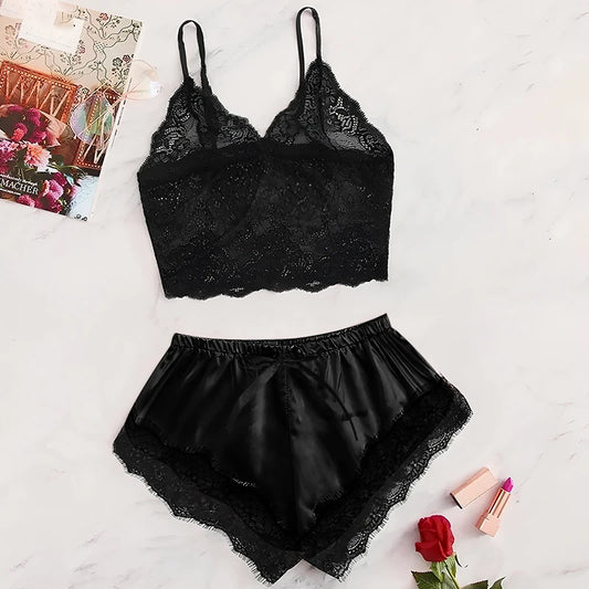 2 Pcs Women's New Sexy Lace See-Through Pajamas Breathable Suspender Shorts Set