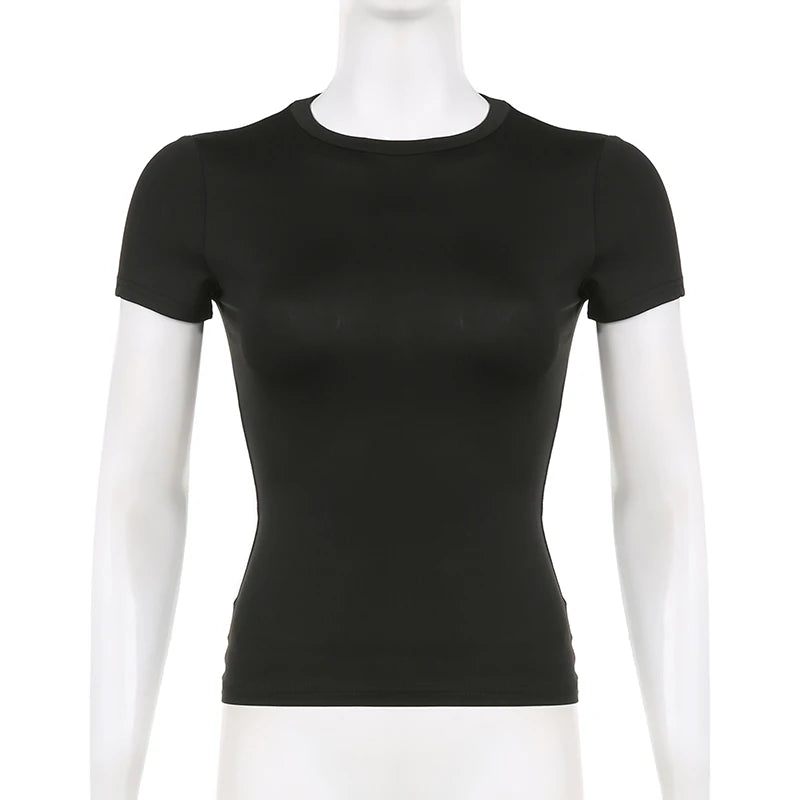 Women Short Sleeve T-shirts Causal O Neck Solid Slim Fit Tee Summer Sexy Basic Crop Top