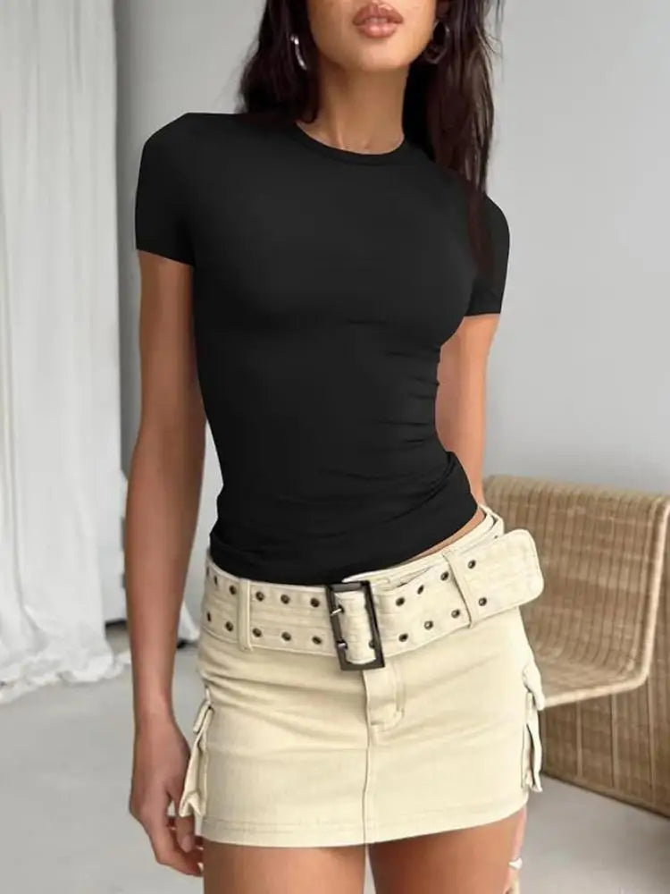 Women Short Sleeve T-shirts Causal O Neck Solid Slim Fit Tee Summer Sexy Basic Crop Top