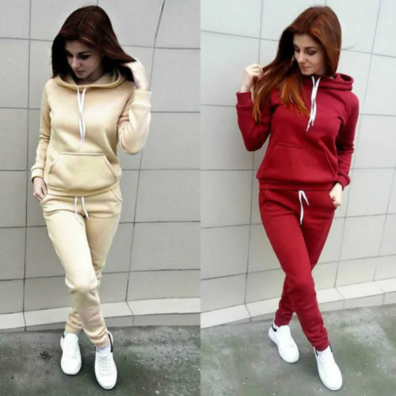 Solid Women Tracksuit Casual Hoodies Sweatshirt Pant Set Autumn/Winter Clothes