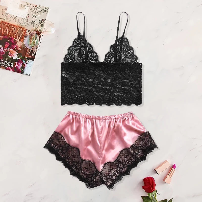 2 Pcs Women's New Sexy Lace See-Through Pajamas Breathable Suspender Shorts Set