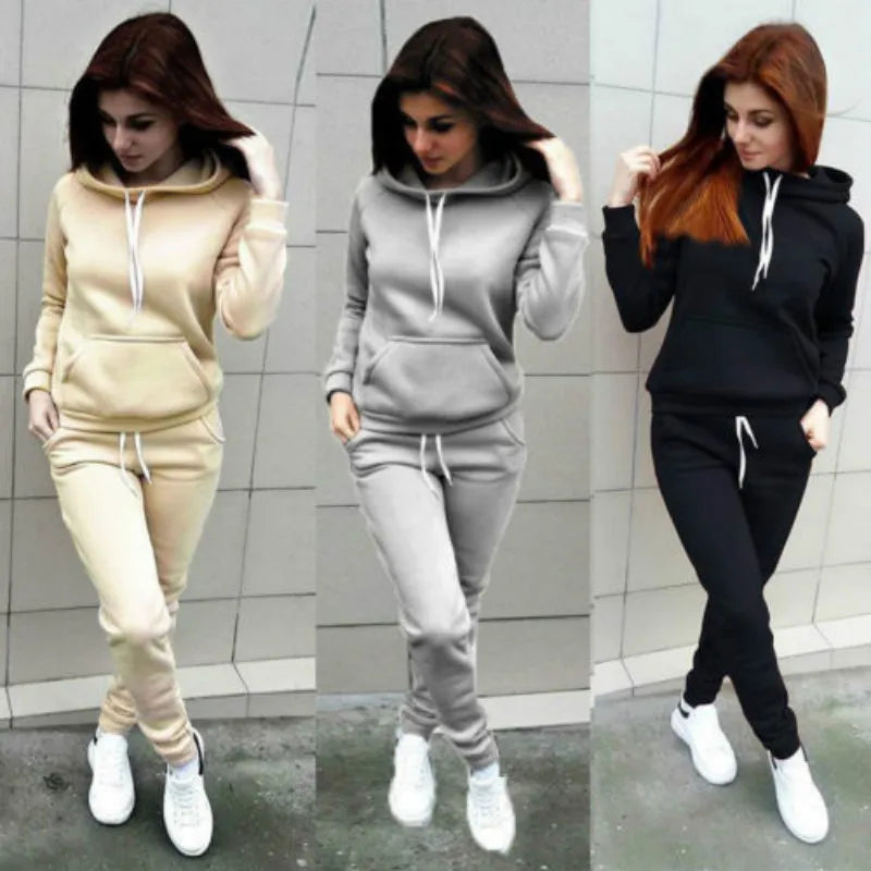 Solid Women Tracksuit Casual Hoodies Sweatshirt Pant Set Autumn/Winter Clothes