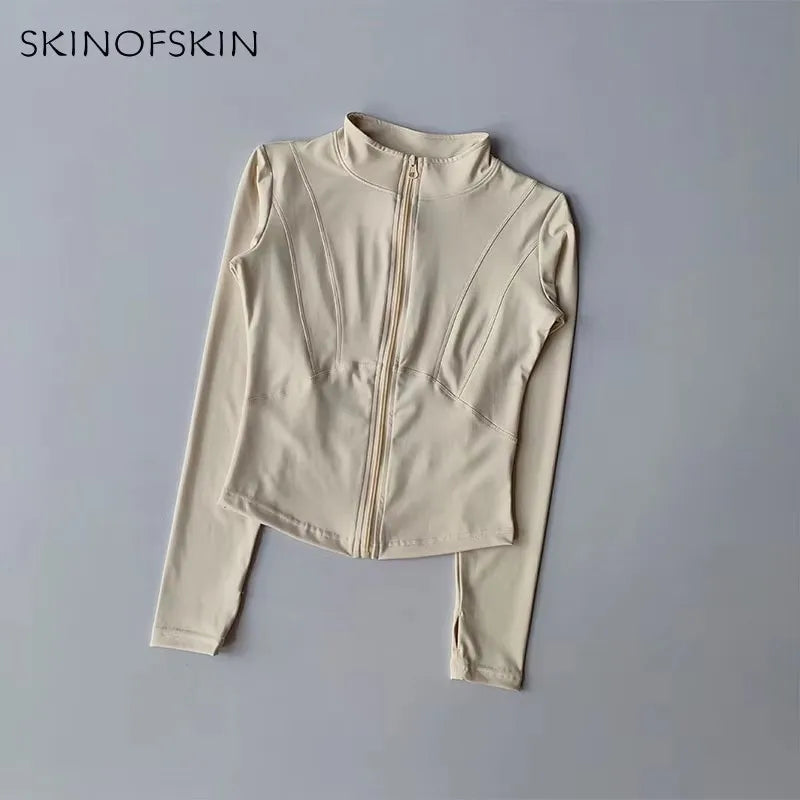 Outdoor Sports Long Sleeved Women Slim Quick Dry Zipper Cardigan Stand Up Collar Jacket